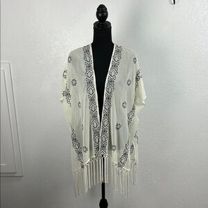 Umgee Women’s Cream  Black Sheer Kimono Fringe Embroidered Bohemian Sz S/M Chic